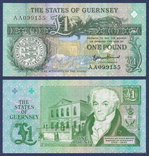 Гернси, 1 фунт 1991-2016 г, P-52d (AA, судебный пристав Даниэль де Лиль Брок), UNC