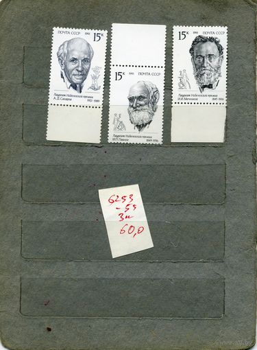 СССР, 1991, ЛАУРЕАТЫ НОБЕЛ ПРЕИИ , серия 3м ,  (на "СКАНЕ" справочно приведены номера и цены по ЗАГОРСКОМУ))
