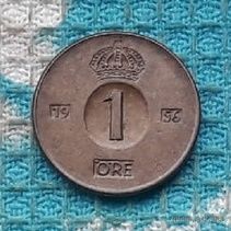 Швеция 1 оре 1956 года, АU. Корона. Густав VI Адольф.