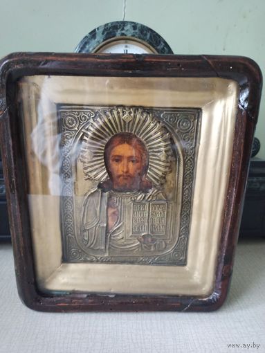 Икона Господь Вседержитель. Оклад, киот. Икона 17,5 см на 14,5 см, киот 25 см на 22 см.  В.С.Крестьянинов. Мстёра. До 1917 г. Торги с 1 рубля. МЦ.