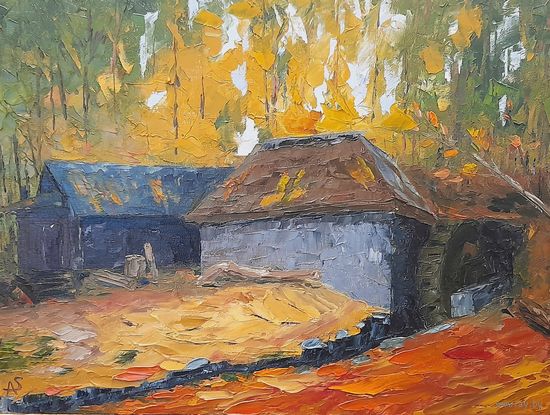 Картина маслом "Мельница". Мастихин, холст на картоне 40х30 см