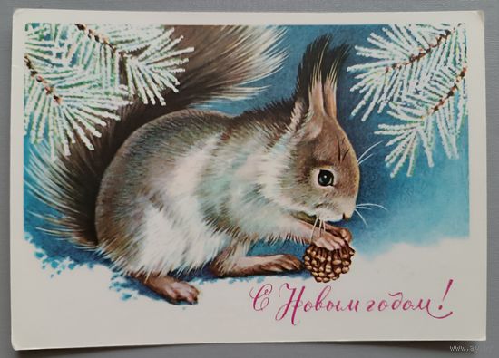 С Новым годом! Белка. Р.Достян. Открытка, чистая, 1981г.