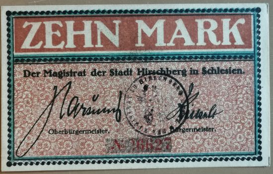 Германия (Польша) 10 марок 1919 г Хиршберг (Hirschberg) 235.01.ab, печать черная, первый выпуск UNC