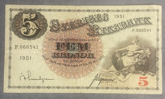 Банкнота. Швеция. 5 крон 1951 год. Густав I Ваза