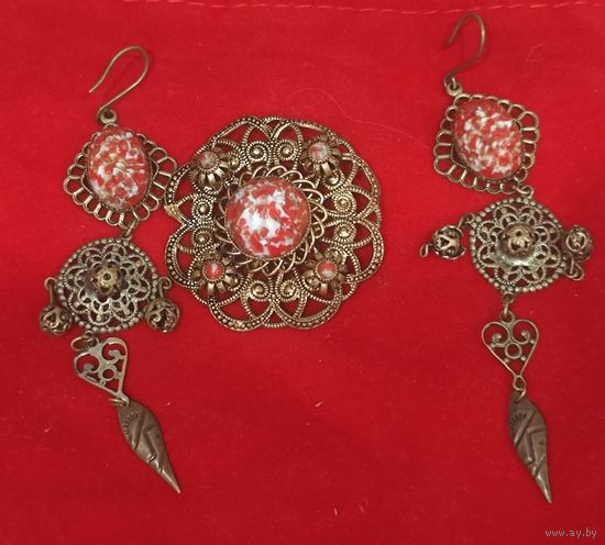 Гарнитур. СССР. Чехословакия. Брошь и серьги сложных форм. Редкий