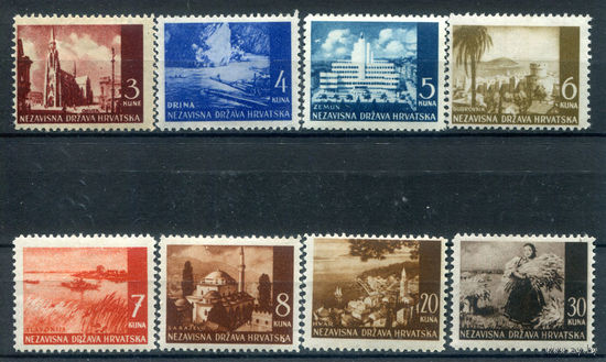 Хорватия - 1941/42г. - ландшафты, архитектура - 8 марок - MNH, 2 марки с пузырьками на клее, 1 с отпечатком на клее, 1 с потёртостью на клее. #O-W-84-KS-7