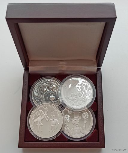 Мир глазами детей, 20 рублей 2016, 2017, 2018, 2019, Ag набор из 4-х монет и футляра