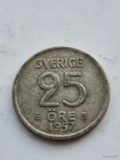 25 эре 1957 года Швеция. Серебро 400. Монета не чищена. 45404