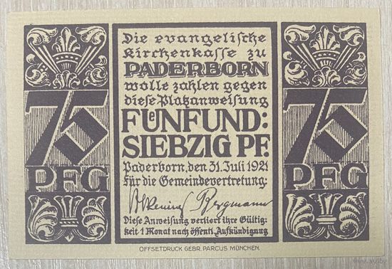 Нотгельд Падерборн 75 пфеннигов 1921 год. Веймарская республика