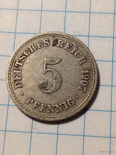 5 Пфеннигов Германия 1907 А год