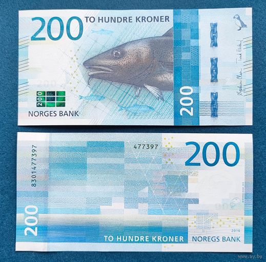 Норвегия, 200 крон 2016 г, P-55 (треска), UNC