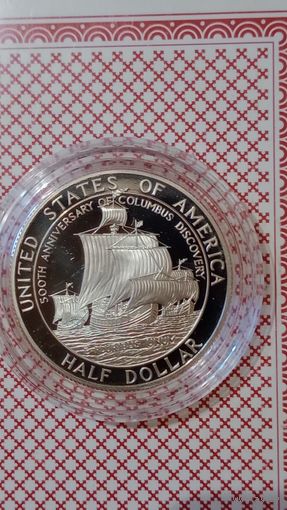 США 50 центов,1/2 доллара 1992 флот Колумба 500 лет