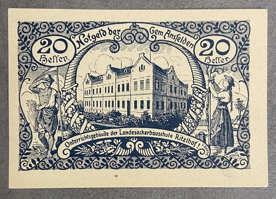 Нотгельды Австрия Ансфельден, 20 геллеров 1920 год.