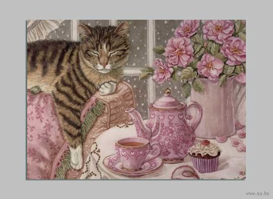 Открытка. С праздником! Фауна. Животные. Кот. Котик. Розовый сервиз. Посуда. Цветы. (чистая)