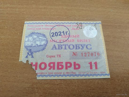 Проездной единый месячный билет. Автобус. Беларусь, Лида, ноябрь месяц 2021 года.