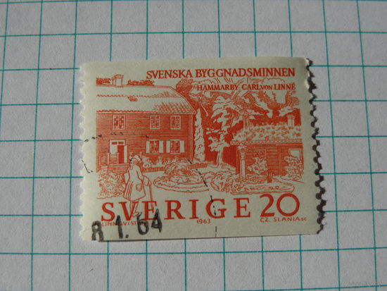 ШВЕЦИЯ - ОКОЛО 1963 Г.: марка, напечатанная в Швеции, изображает Хаммарбю, дом Карла фон Линнея