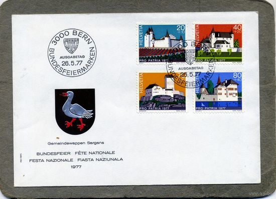 КОНВЕРТ ШВЕЙЦАРИЯ, КПД,  АРХИТЕКТУРА, ЗАМКИ, 4м  михель 1096-99,1977