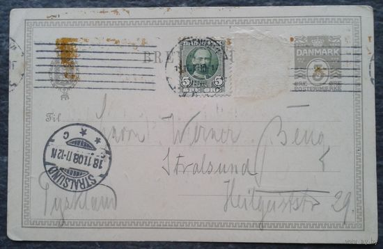 Почтовая карточка. Дания. Марка. 1908 г. Прошла почту
