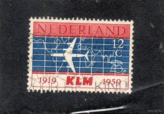 Нидерланды. Mi:NL 737. Силуэт авиалайнера Douglas DC-8 и карта мира. 40 лет KLM (Королевские голландские авиалинии) .1959