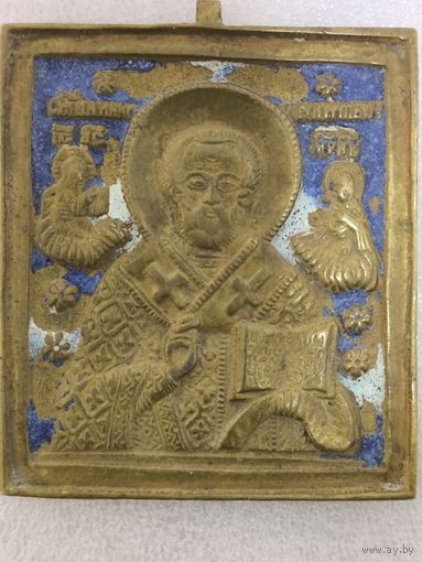 Икона медно-литая Николай Чудотворец. Эмали. XVIII - XIX век.