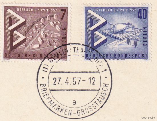 6.ETB. Германия. Западный Берлин. 1957 г. Международная строительная выставка "Интербау" в Берлине. Лист первого дня гашения. Mi.##160/162/ETB#21.