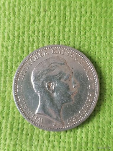 Германия. 3 марки. 1912 год . Вильгельм II. Пруссия. Серебро