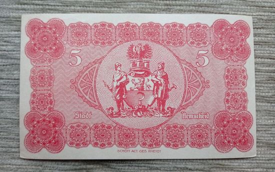 Werty71 Германия 5 марок 1918 aUNC банкнота РЕМШАЙД