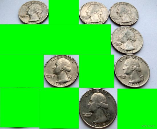 Квотер (1/4 доллара, 25 центов) США, 1965, 1968, 1968 D, 1973, 1974, 1977, 1979.
