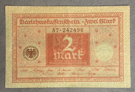 Банкнота 2 марки 1920 год. Веймарская республика.