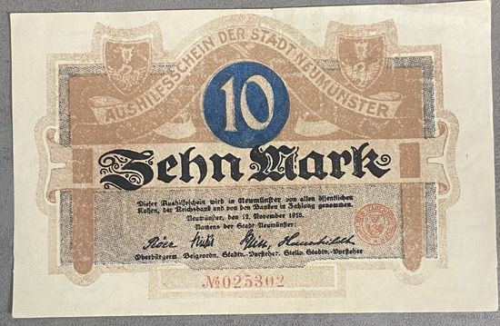 Банкнота 10 марок. 1918 год. Ноймюнстер.Веймарская республика.