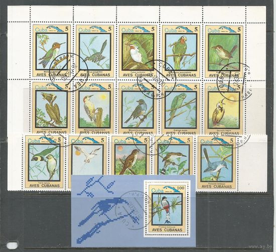 Куба. Птицы. 1983г. 15 марок в сцепках+Mi#БЛ80.
