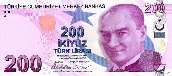 Турция 200 лир образца 2009 года UNC p 227f