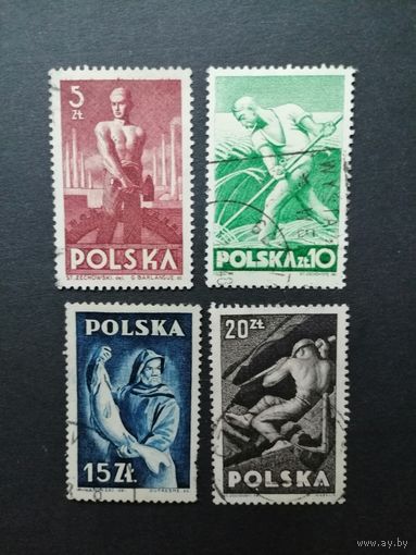 Польша 1947 Полная серия марок на вырезках "Профессии" (гашение без клея и наклеек) Mi.472-475 каталог 1.10 евро