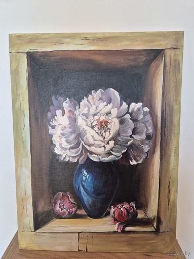 Картина, акрил, холст на картоне, 30х40см, "Пионы"