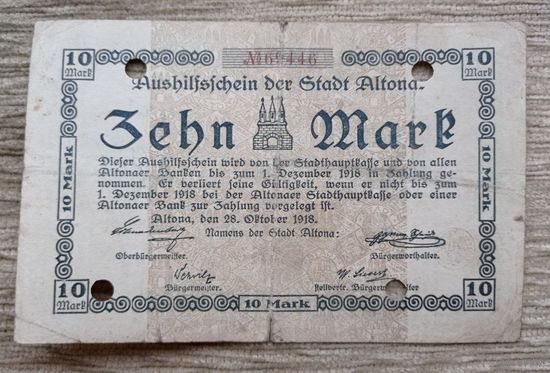Werty71 Германия 10 Марок 1918 Гроссгельд банкнота Альтона Алтона Altona банкнота коричневая