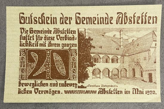 Нотгельды Австрия Абштеттен ,20 геллеров 1920 год