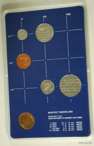 Нидерланды, годовой набор монет (Голландия) 1986 год, 5+10+25 центов 1+2,5 гульдена + жетон UNC.