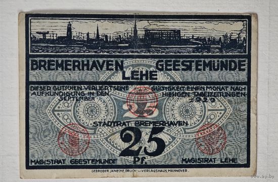 1920 год 25 пфеннигов  Германия