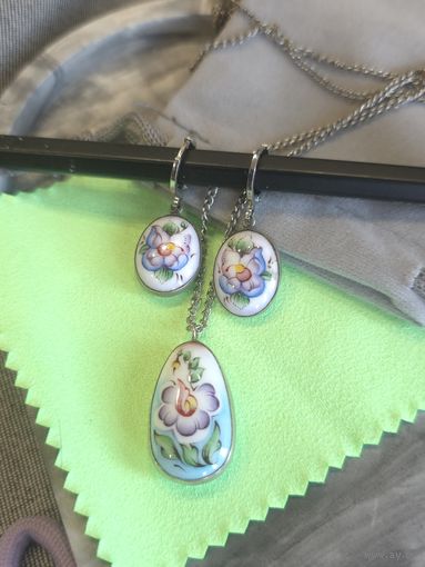 Серьги двухсторонние с кулоном скань, финифть, винтаж, СССР, мельхиор