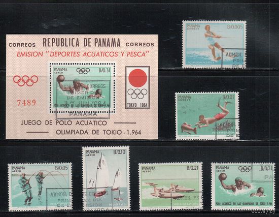 Панама-1964 (Мих.734-739,БЛ.21) , гаш.  , Спорт,  ОИ-1964, Рыбалка(полная серия_