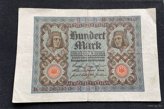 100 марок 1920 год / Германская Веймарская Республика, банкнота номер восемь знаков (2)