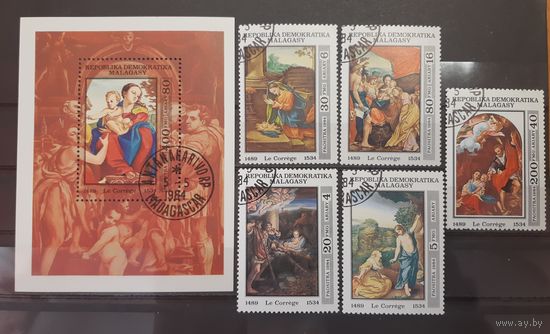 Мадагаскар. 1984 год. Живопись Корреджо (блок и 5 марок)