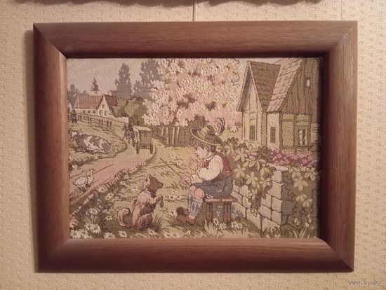 Гобелен Германия 1950-ые 55х42 см Мальчик с собакой в деревянной раме.