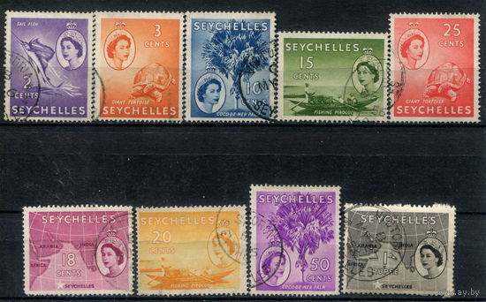 Британские колонии - Сейшелы - 1954г. - фауна, флора, национальные мотивы, королева Елизавета II - 9 марок - гашёные. #3-WB-100-KS-5
