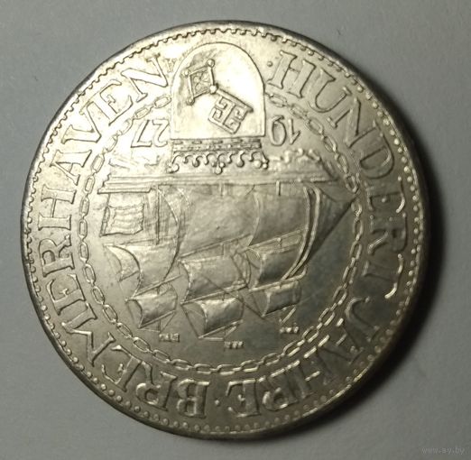 Германия. Веймарская республика. Серебро. 3 марки 1927 года 100 лет Бремерхафену. Новодел.