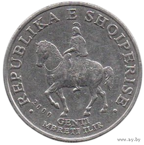 Республика Албания. 50 леков (лек) 2000. Гентий (Король (Царь) Иллирии) верхом на коне.