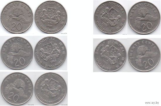 Республика Сингапур. 20 центов 1986, 1987, 1989, 1990, 1991. Щит выше щитодержателей. Цветок каллиандра. Погодовка. Цена за одну монету.