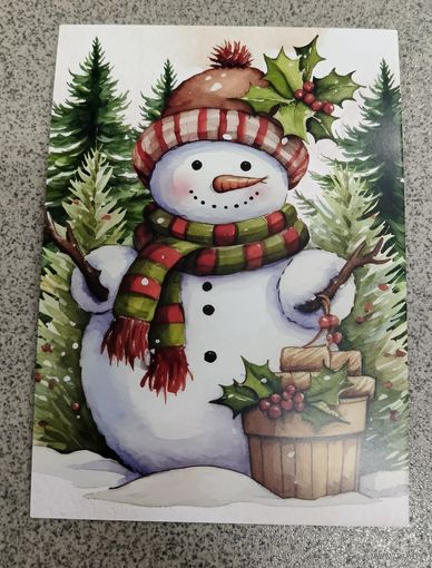 Открытка снеговик, остролист чистая