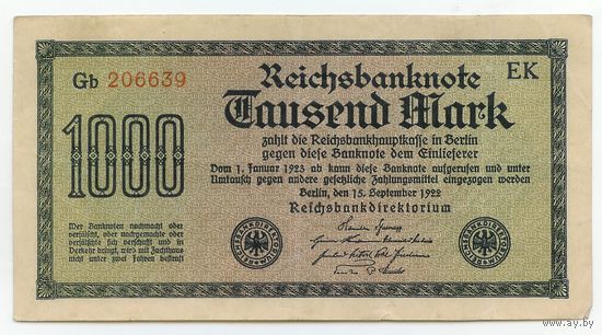Германия, 1000 марок 1922 год.