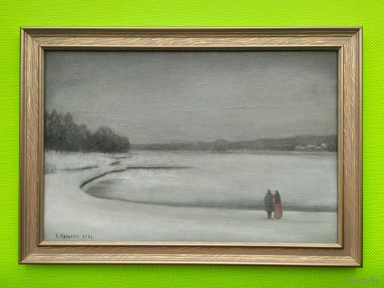 Картина "Зимняя ночь на Комсомольском озере в Минске", 2023, 345х225 мм, двп, масло, Мельник К. В. Торг.